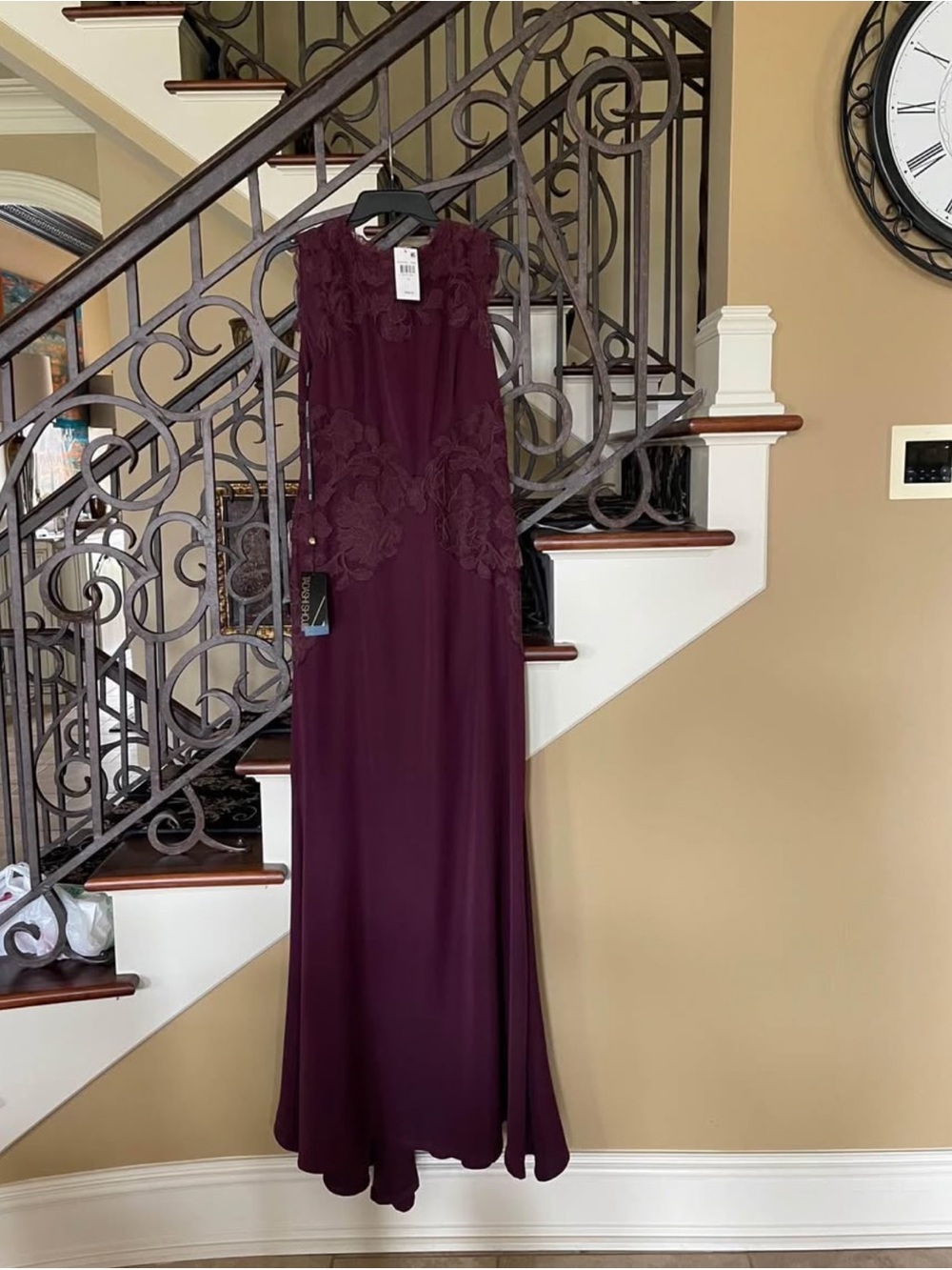 Tadashi Shoji Sleeveless Burgundy Maxi Gown with Lace Appliqué